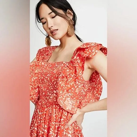 ULLA JOHNSON Freida Printed Cotton Midi Dress Coral Batik Red Orange White US 4