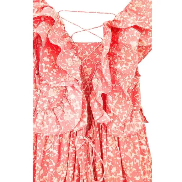 ULLA JOHNSON Freida Printed Cotton Midi Dress Coral Batik Red Orange White US 4