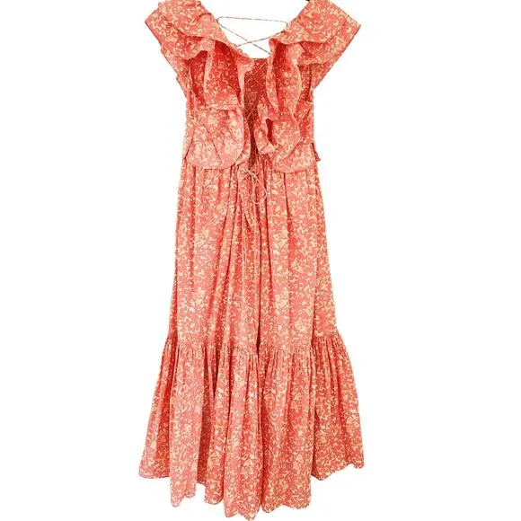 ULLA JOHNSON Freida Printed Cotton Midi Dress Coral Batik Red Orange White US 4