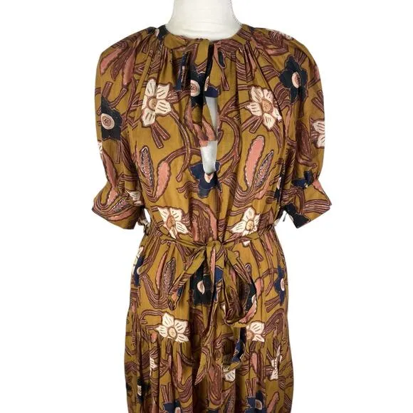 Ulla Johnson Selena Midi Dress Citrine Puff Sleeves Belted Pockets Size Small