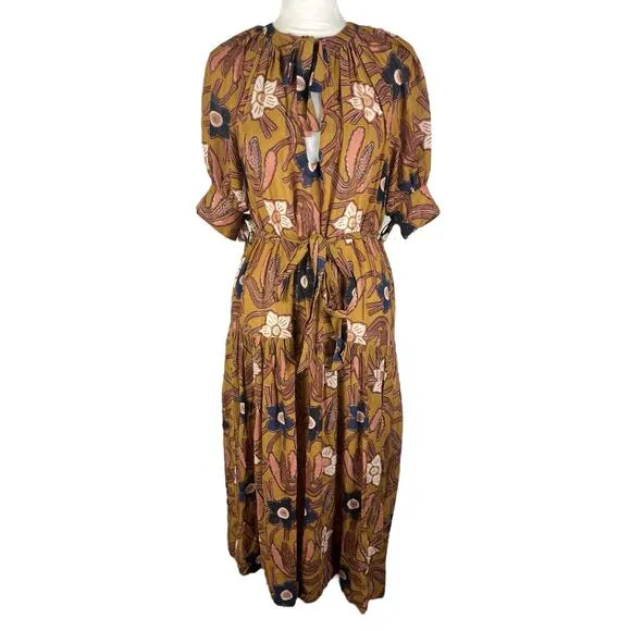 Ulla Johnson Selena Midi Dress Citrine Puff Sleeves Belted Pockets Size Small