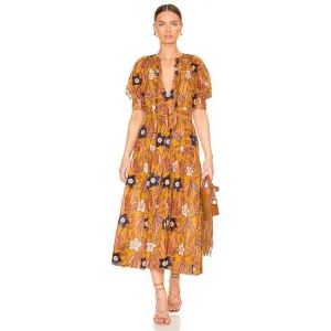 Ulla Johnson Selena Midi Dress Citrine Puff Sleeves Belted Pockets Size Small