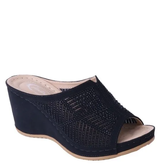 Update! Italina Black Rhinestone Embellished Wedge Platform Heeled Mule Sandal