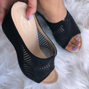 Update! Italina Black Rhinestone Embellished Wedge Platform Heeled Mule Sandal