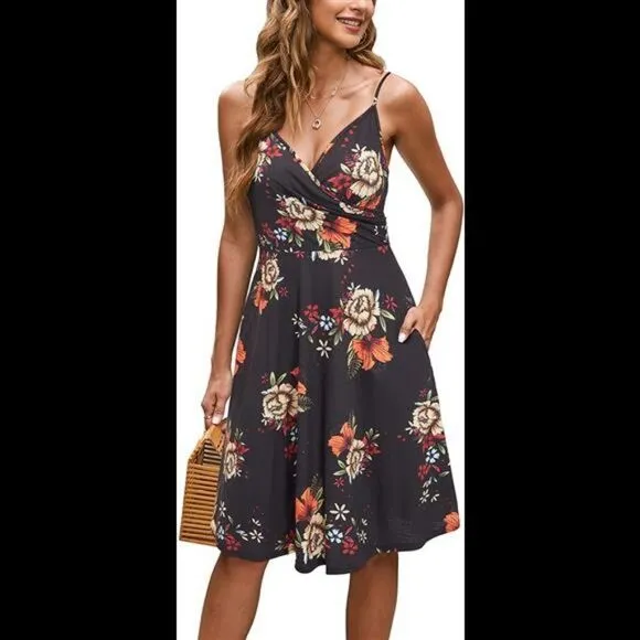 V Neck Floral Spaghetti Strap Summer Casual Dress