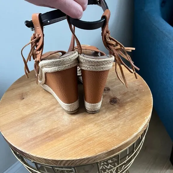 Valentino Garavani Leather Fringe Espadrille Wedge, Light Cuir Size 8 COA