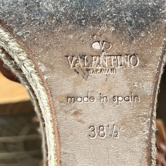 Valentino Garavani Leather Fringe Espadrille Wedge, Light Cuir Size 8 COA