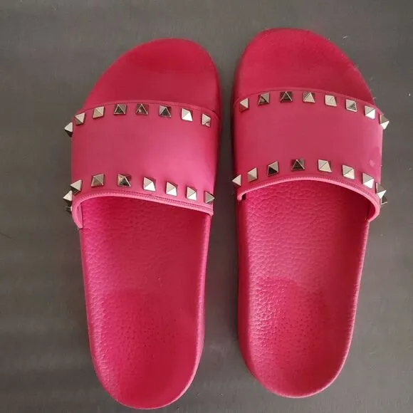 Valentino Garavani Rockstud Pool Slide Sandals Fuschia Pink Gold Stud 39 US 9