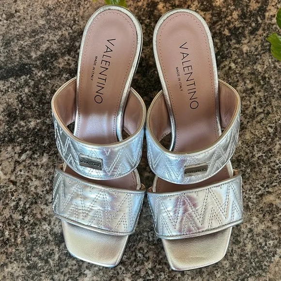 Valentino Jackie Silver Metallic Leather Sandals