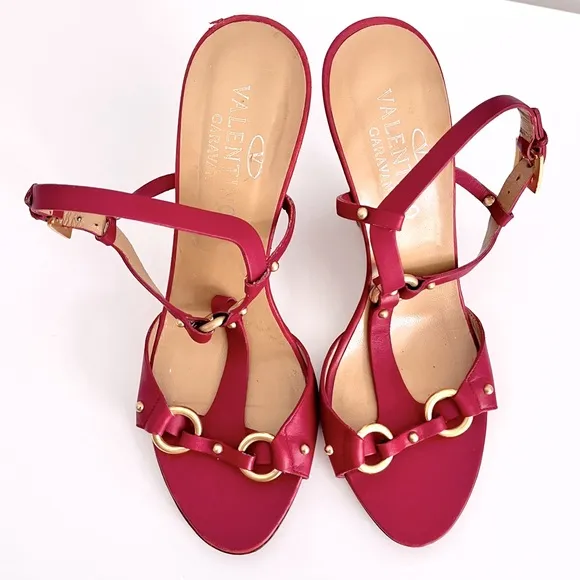 Valentino Red Leather Bondage Strappy Wedge Slingback Sandals, Size 37.5