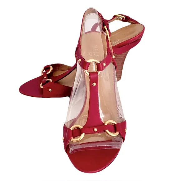 Valentino Red Leather Bondage Strappy Wedge Slingback Sandals, Size 37.5