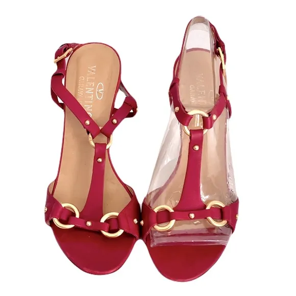 Valentino Red Leather Bondage Strappy Wedge Slingback Sandals, Size 37.5
