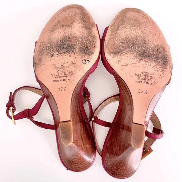 Valentino Red Leather Bondage Strappy Wedge Slingback Sandals, Size 37.5