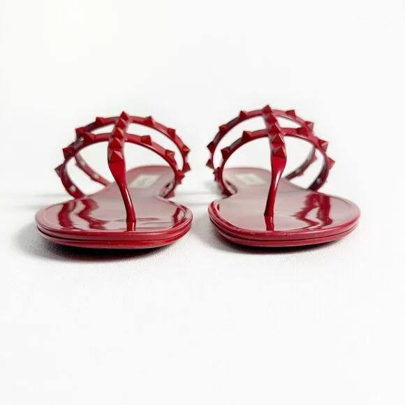 VALENTINO Red Rockstud Slide Sandal Size 39 US 8.5 Flat Caged Strap Rubber PVC