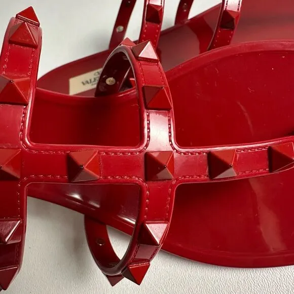 VALENTINO Red Rockstud Slide Sandal Size 39 US 8.5 Flat Caged Strap Rubber PVC