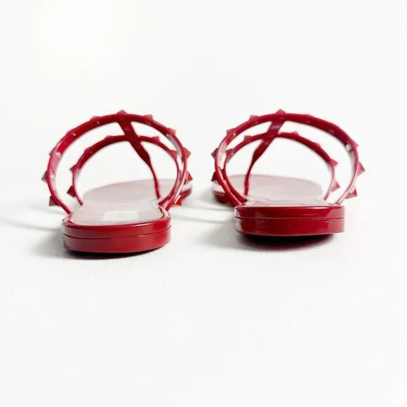VALENTINO Red Rockstud Slide Sandal Size 39 US 8.5 Flat Caged Strap Rubber PVC