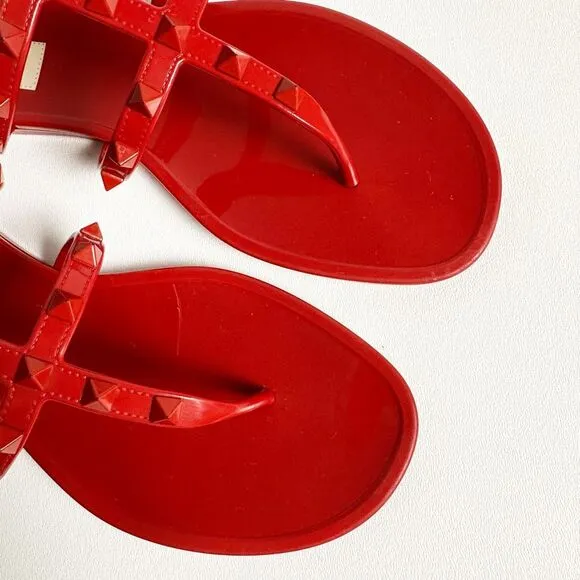 VALENTINO Red Rockstud Slide Sandal Size 39 US 8.5 Flat Caged Strap Rubber PVC