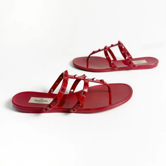 VALENTINO Red Rockstud Slide Sandal Size 39 US 8.5 Flat Caged Strap Rubber PVC