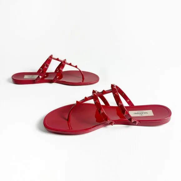 VALENTINO Red Rockstud Slide Sandal Size 39 US 8.5 Flat Caged Strap Rubber PVC