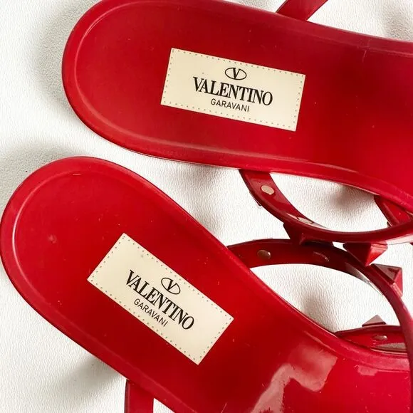 VALENTINO Red Rockstud Slide Sandal Size 39 US 8.5 Flat Caged Strap Rubber PVC