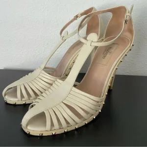 Valentino Rocksstud Beige Leather Ankle Strap Heels Sandals