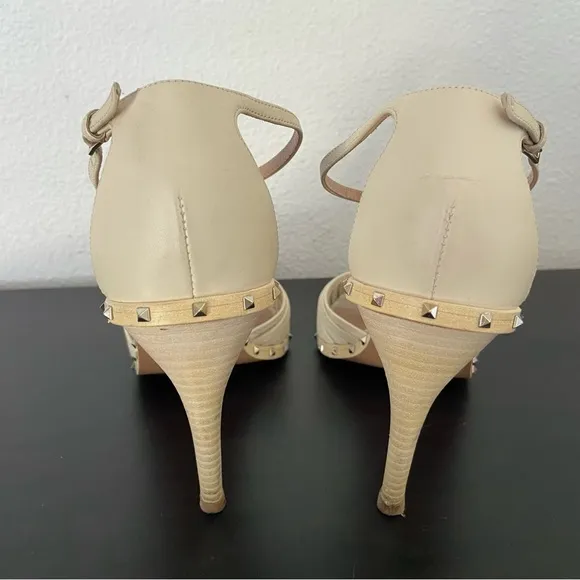Valentino Rocksstud Beige Leather Ankle Strap Heels Sandals