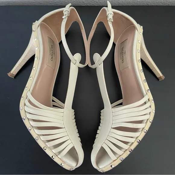 Valentino Rocksstud Beige Leather Ankle Strap Heels Sandals