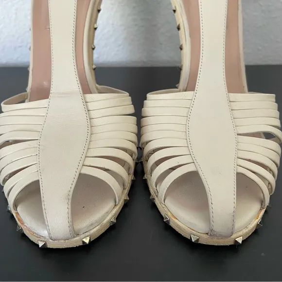 Valentino Rocksstud Beige Leather Ankle Strap Heels Sandals