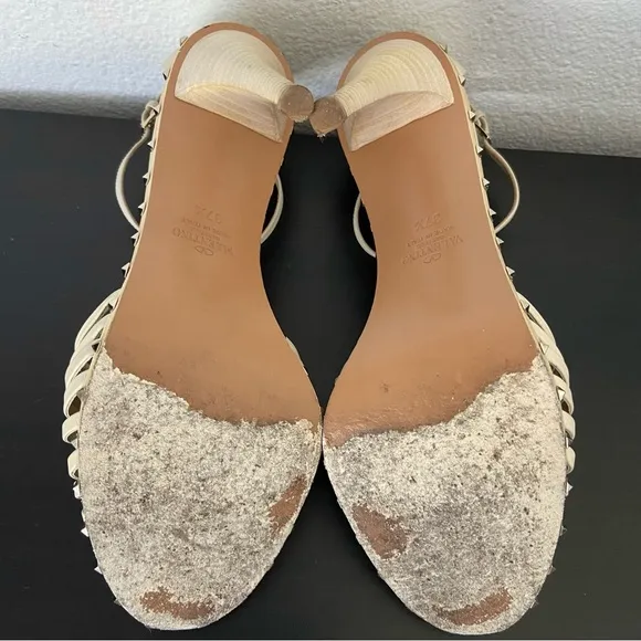 Valentino Rocksstud Beige Leather Ankle Strap Heels Sandals