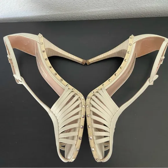 Valentino Rocksstud Beige Leather Ankle Strap Heels Sandals