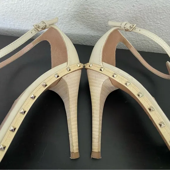 Valentino Rocksstud Beige Leather Ankle Strap Heels Sandals