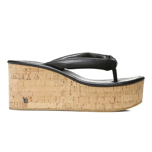 Veronica Beard Black Geno Cork Wedge Platform Thong Sandals Leather size 9