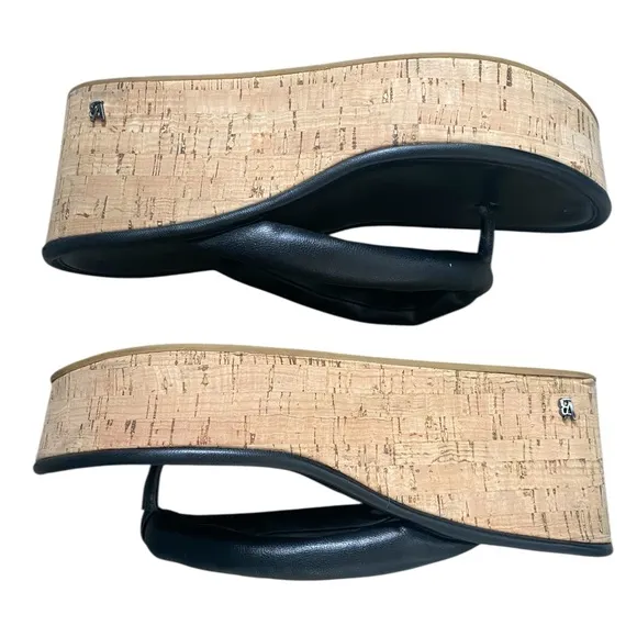 Veronica Beard Black Geno Cork Wedge Platform Thong Sandals Leather size 9