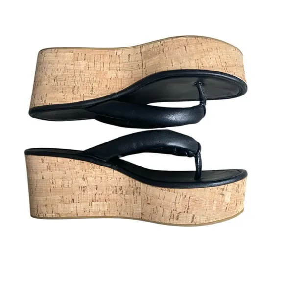 Veronica Beard Black Geno Cork Wedge Platform Thong Sandals Leather size 9