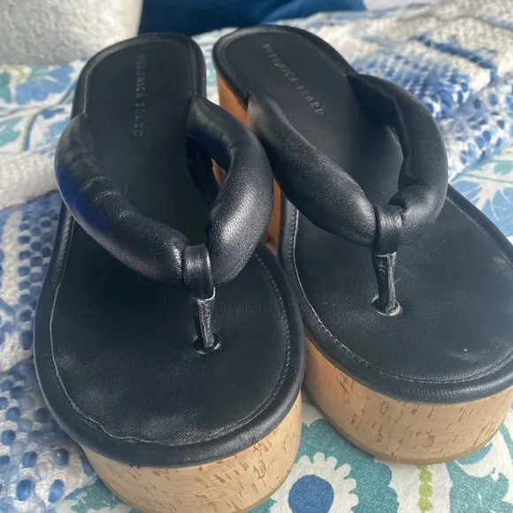 Veronica Beard Black Geno Cork Wedge Platform Thong Sandals Leather size 9