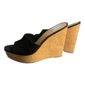 Veronica Beard Black Suede Dali Cork Slip-On Platform Wedge Sandals - Size 8