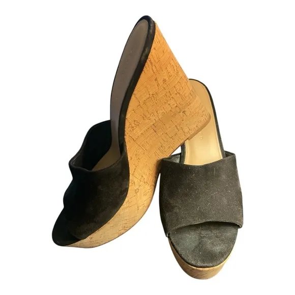 Veronica Beard Black Suede Dali Cork Slip-On Platform Wedge Sandals - Size 8