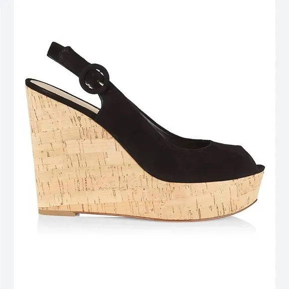 Veronica Beard Dali Peep Toe Suede Cork Wedge Sandals in Black 11M NWT $325
