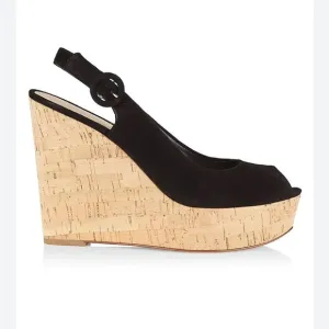 Veronica Beard Dali Peep Toe Suede Cork Wedge Sandals in Black 11M NWT $325