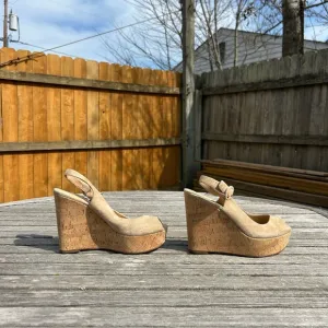 Veronica Beard Dali Suede Peep-Toe Wedge Sandals in Sand Size 8.5