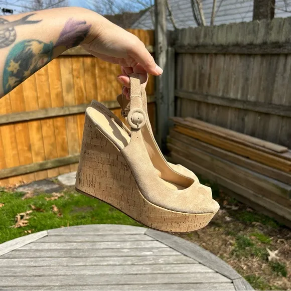 Veronica Beard Dali Suede Peep-Toe Wedge Sandals in Sand Size 8.5