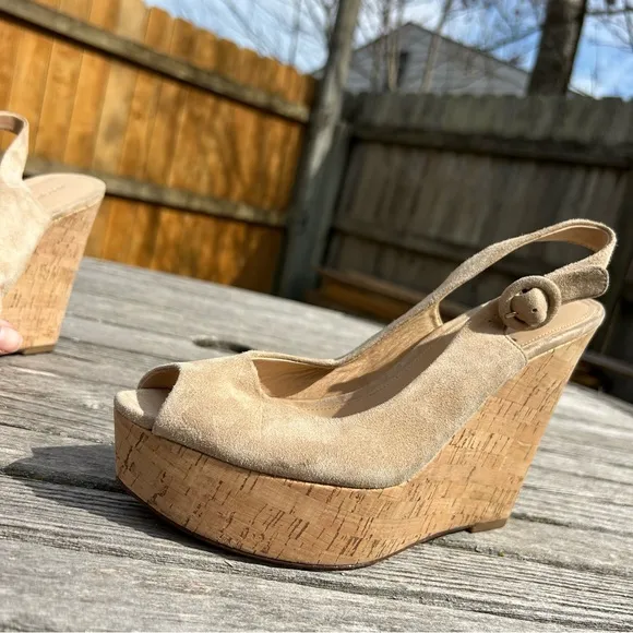 Veronica Beard Dali Suede Peep-Toe Wedge Sandals in Sand Size 8.5