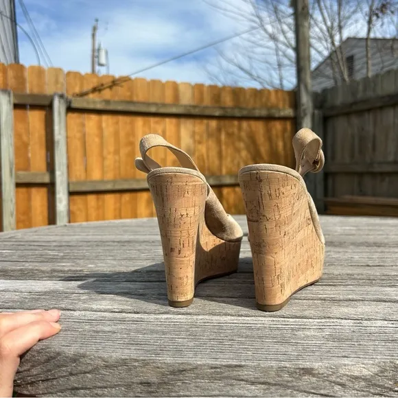 Veronica Beard Dali Suede Peep-Toe Wedge Sandals in Sand Size 8.5