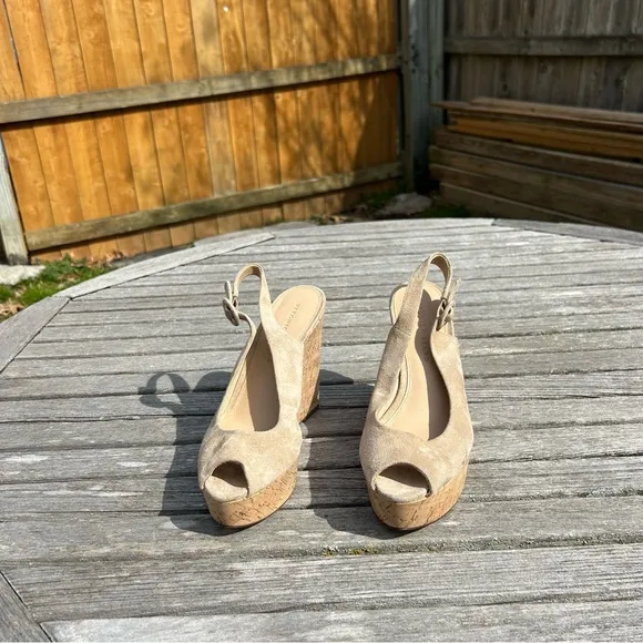 Veronica Beard Dali Suede Peep-Toe Wedge Sandals in Sand Size 8.5