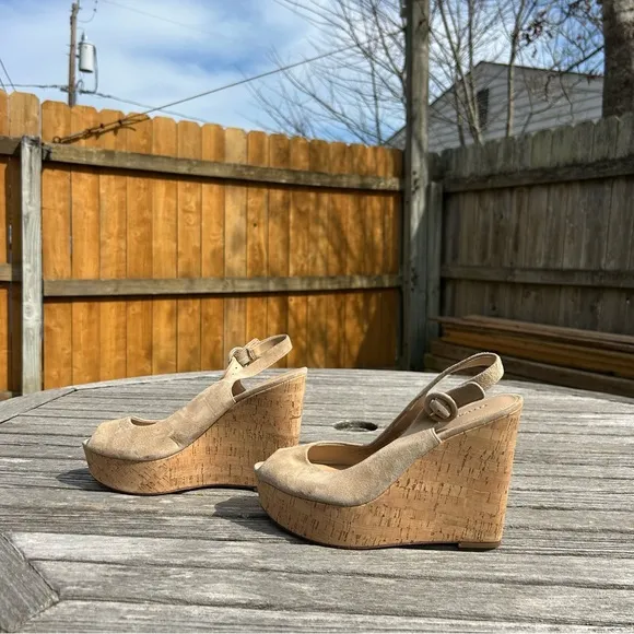 Veronica Beard Dali Suede Peep-Toe Wedge Sandals in Sand Size 8.5