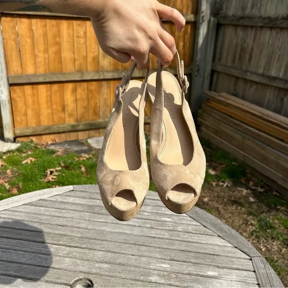 Veronica Beard Dali Suede Peep-Toe Wedge Sandals in Sand Size 8.5