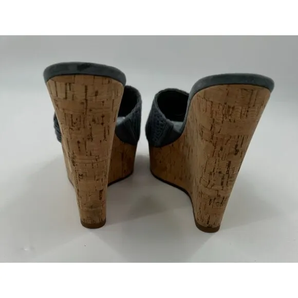 Veronica Beard Dali Woven Platform 8M Cork Wedge Sandals Blue Braided Leather