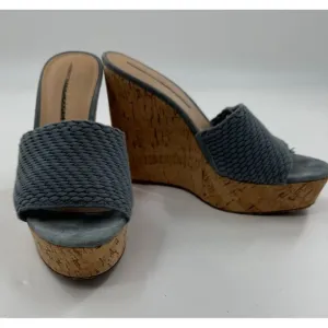 Veronica Beard Dali Woven Platform 8M Cork Wedge Sandals Blue Braided Leather