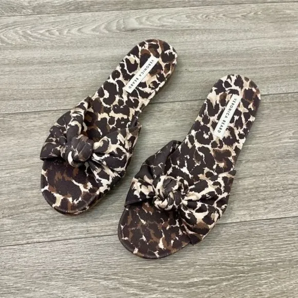 VERONICA BEARD Etra Knotted Leopard-Print Canvas Slides Size 6