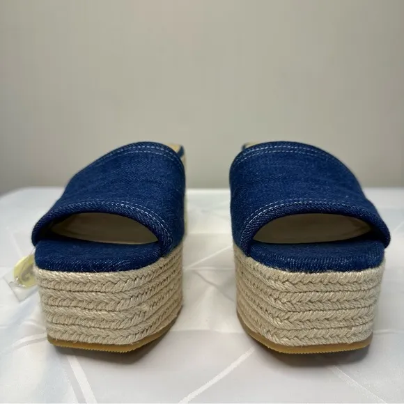 Veronica Beard Gable Denim Platform Espadrille Slide Sandals Wedge Blue Size 9 M